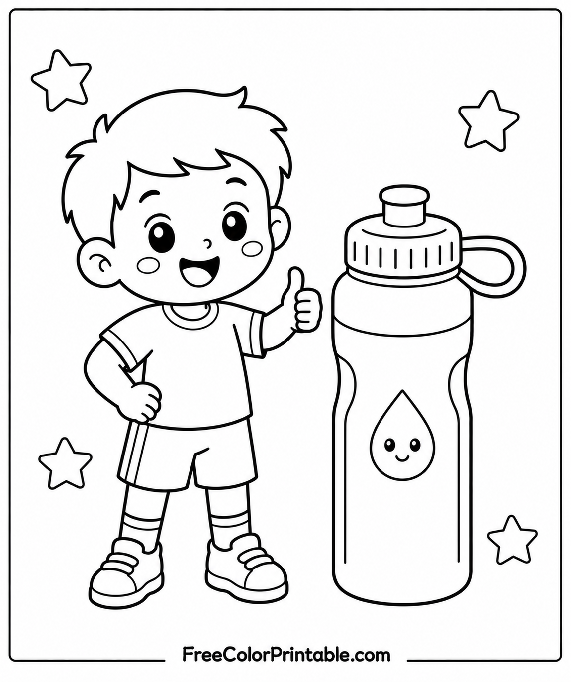 Happy kid with sports bottle Coloring Page — Free Printable — free printable coloring page